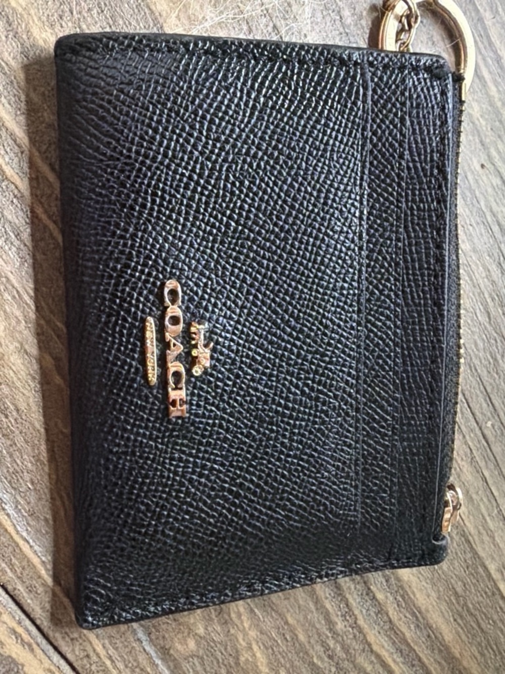 Coach Black Pebbled Leather Zip Card Holder with Gold Hardware